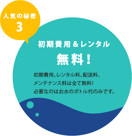 人気の秘密3 初期費用&レンタル無料！初期費用、レンタル料、配送料、メンテナンス料は全て無料！必要なのはお水のボトル代のみです。